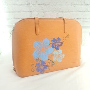 Jack Georges Womens Orange Leather Handpainted Floral Double Handles Tote Bag